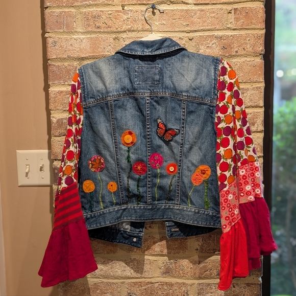 Colorful Denim Jacket with Floral Flowy Sleeves - Picture 5 of 7
